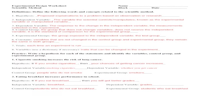 Experimental design worksheet scientific method answers